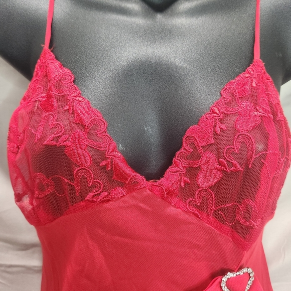 Frederick's Of Hollywood Y2K Rhinestone Heart Embroidered Red Lingerie Chemise - Picture 3 of 7